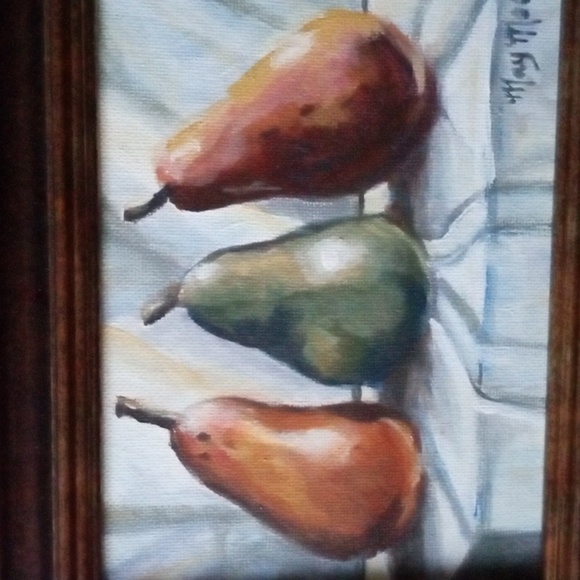 New Original Acrylic Painting "Three Pears" 5" x 7" plus frame. Green, warm gold - Picture 2 of 5